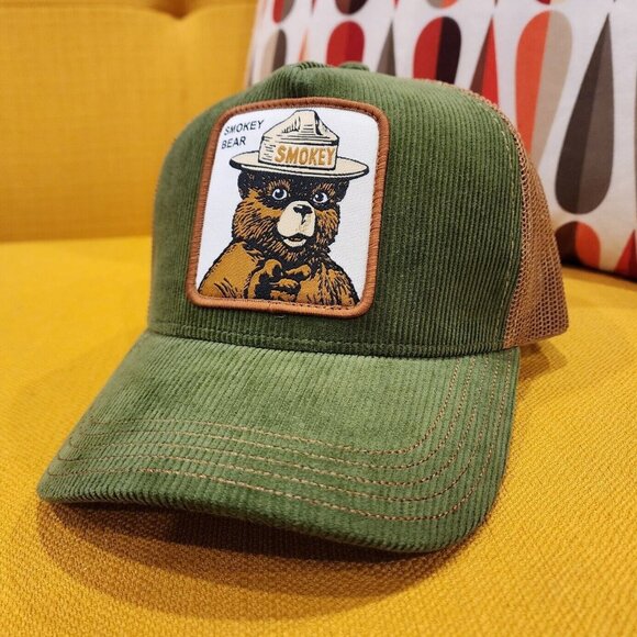 Smokey Bear Corduroy Smokey Patch Snap Back Trucker Hat Green Baseball Cap NEW - Picture 1 of 10